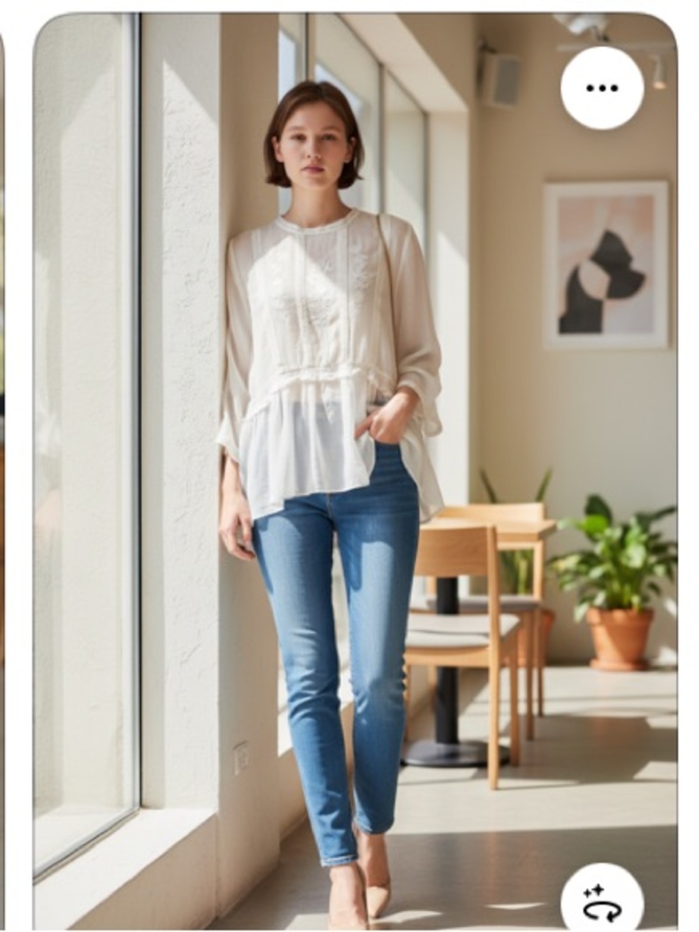 Zara Bohemian Embroidered Sheer Peasant Top - Cream Size S